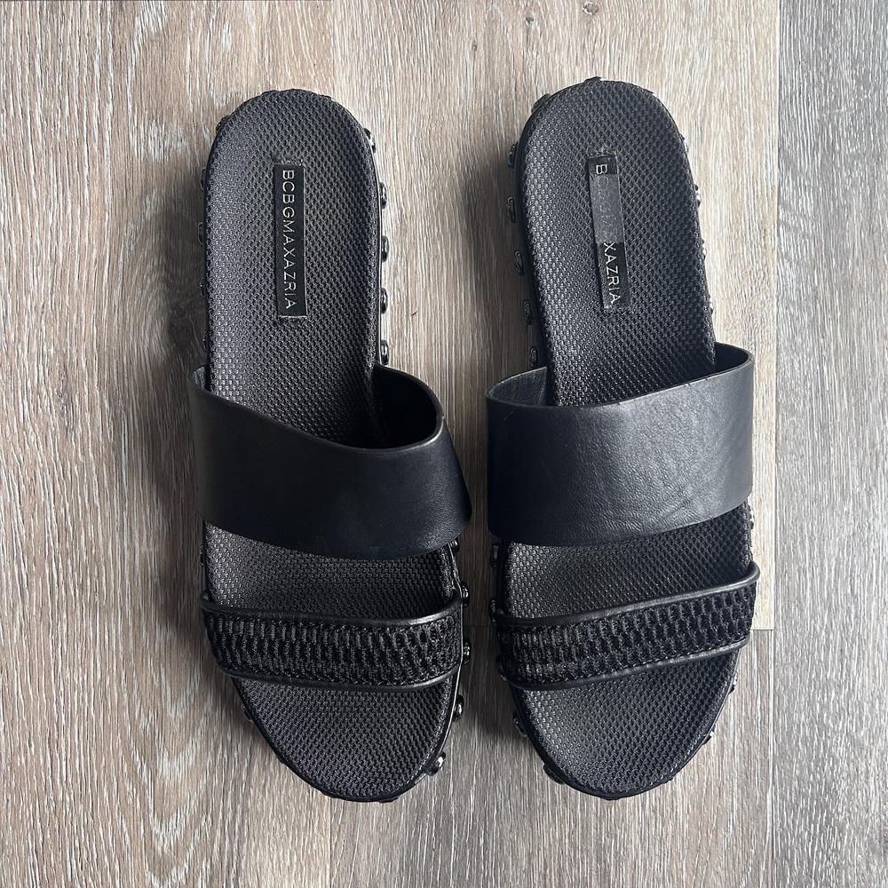 BCBG Soft Black Leather Silver Studded Slide Sandals Women's Size 8.5